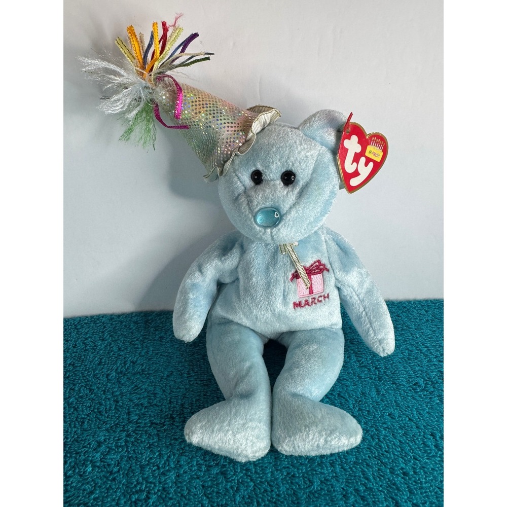 Ty Beanie Baby March Bear Birthday Month Plush Toy‎ Blue with Hat
